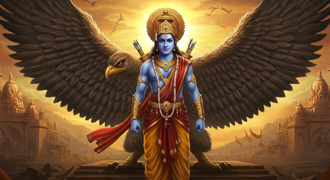 Illustration of blue skinned deity with eagle wings and temple backdrop at sunset time