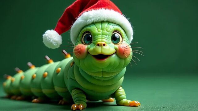 New Year caterpillar Portrait Santa Hat Green, Christmas Card. AI-generated