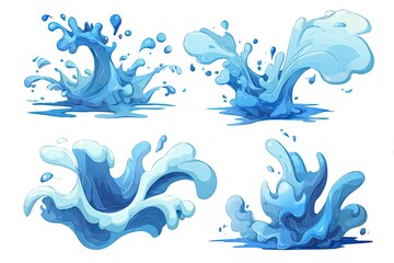 Four cartoon water splashes in varying shapes and sizes