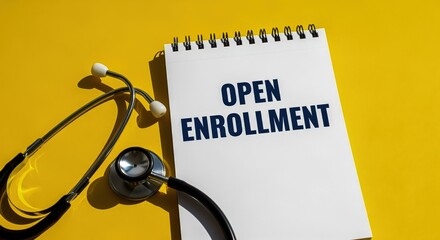 Open Enrollment Reminder with Stethoscope on Bright Yellow Background, Healthcare Season Concept