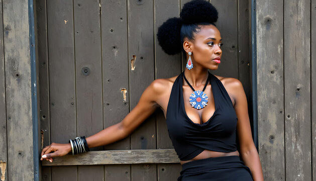 A stunning african american woman poses gracefully against a wooden background.