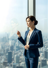 Fototapeta premium A sophisticated middle-aged businesswoman in a suit gazes out of a high-rise office window at the city below, looking calm and pensive