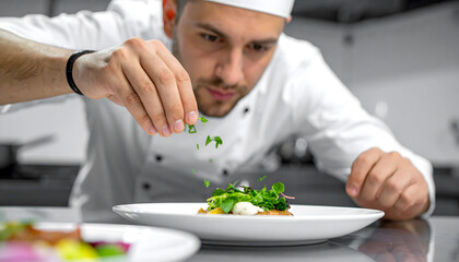 A professional male chef in his 30s, concentrating intensely, is garnishing a gourmet dish with fresh herbs in a commercial kitchen environment