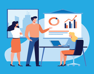 Vector illustration of a business team in a meeting, analyzing data charts and graphs during a presentation. Corporate teamwork and strategy concept.