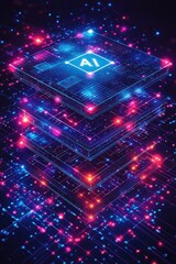 Futuristic AI Icon in Bright Neon Lights on a Digital Background