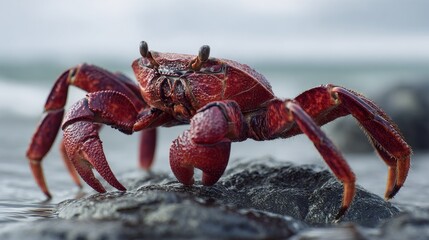 A red crab rests on a dark rock near the oceans edge