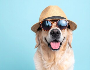 Golden Retriever Wearing Flat Cap and Sunglasses on Pastel Blue Backdrop

