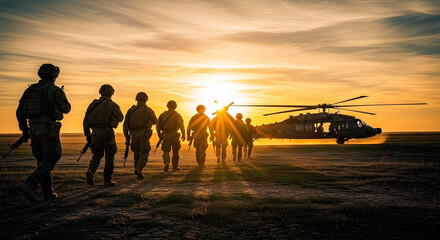 Soldiers walking from a helicopter at sunset in a realistic, detailed, muted-color scene.
