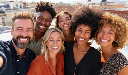 Obraz premium A cheerful group of diverse friends joyfully taking a selfie outdoors