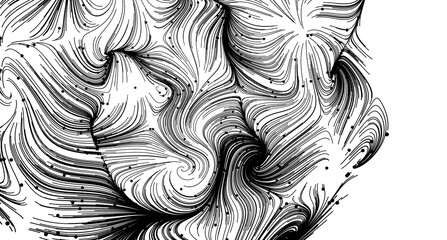 High-resolution black and white abstract art. Swirls, lines, and dots create a dynamic design.