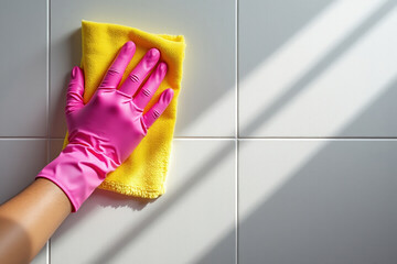 Cleaning Tiles with Pink Glove and Yellow Cloth in Sunlight A Hygienic Routine for a Spotless Home Surface with Bright and Clean Appearance