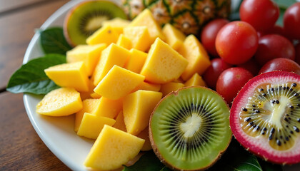 Fresh tropical fruit platter with mango, pineapple, kiwi, dragon fruit, passionfruit, juicy and colorful healthy food photography in ultra realistic detail