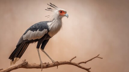 Obraz premium A secretary bird perches on a branch its distinctive feathered crest and orange facial skin standing out against a beige backdrop