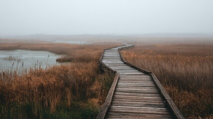 Obraz premium Boardwalk path in swamp. Fog in background. Eerie. Ideal nature/solitude/escape