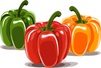 Red, yellow and orange bell peppers isolated on white background, top view.