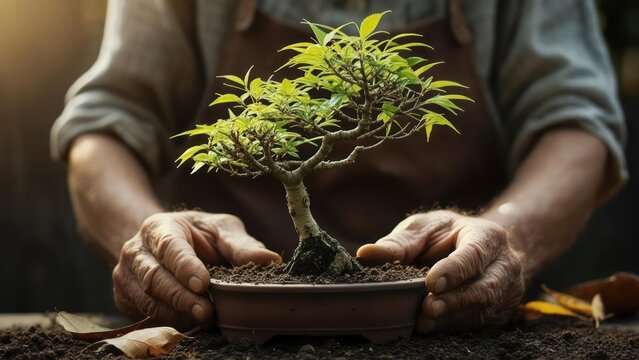 Hands Gently Holding Vibrant Green Bonsai Tree in Pot, Symbolizing Growth & Nature