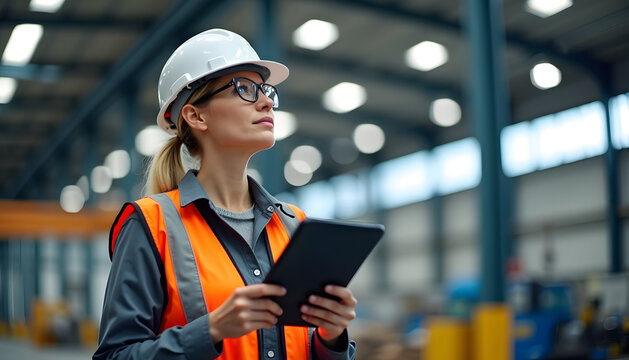 Focused female engineer in a hard hat using a tablet in a factory setting.