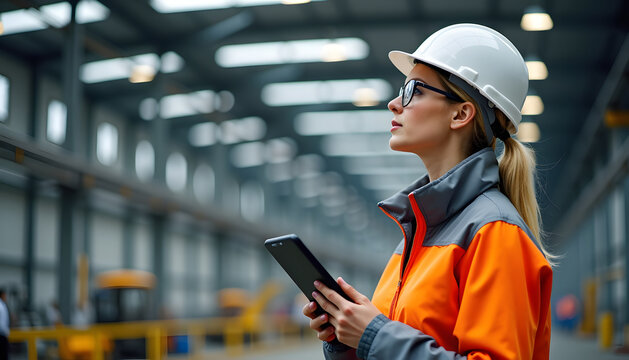 An engineer in a factory, looking at the environment and holding a digital tablet.