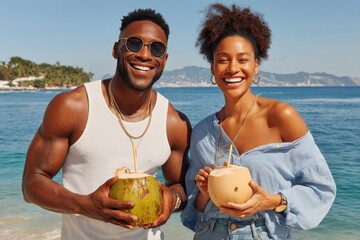 Smiling couple enjoying tropical coconuts by the beachfront with ocean view