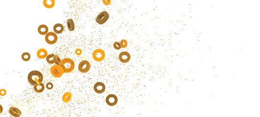Abstract background with golden rings and confetti, perfect for celebratory designs.