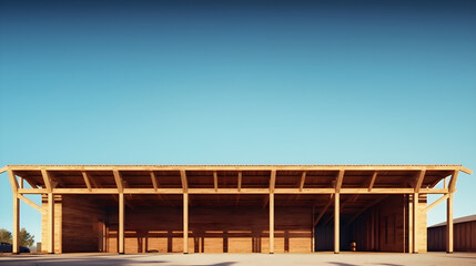 A large wooden barn with a flat roof and a wooden door, set against a clear blue sky.