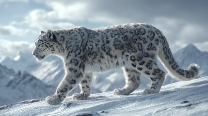 Fototapeta premium A snow leopard strides across a snowcovered mountain with distant peaks and a cloudy sky in the background