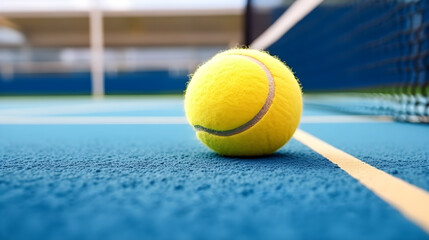 A yellow tennis ball on a blue tennis court with a white line in the foreground.