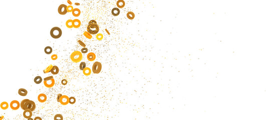 Abstract background with golden rings and confetti falling on white. Perfect for celebratory designs.