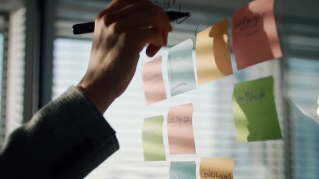 Brainstorming Session Person Writing on Sticky Notes Attached to Glass Wall for Business Planning.