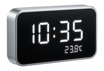 A large LED display clock with a digital thermometer for a contemporary kitchen.