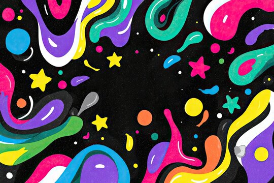 Abstract, colorful, swirling shapes on a black background, framed with stars and dots