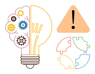 Brain gears forming a lightbulb, puzzle pieces representing problem-solving, and alert sign indicating caution. Ideal for innovation, brainstorming, creativity, teamwork, strategy, challenges