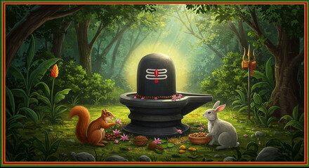 A shiva lingam in a forest with a squirrel and a rabbit offering flowers and nuts around it