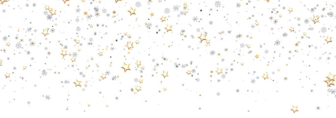 Festive background with gold and silver stars and snowflakes. Perfect for holidays.