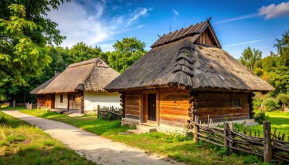 Traditional thatched-roof houses in a park