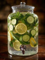 Refreshing lemon cucumber infusion beverage dispenses on wooden table in soft light