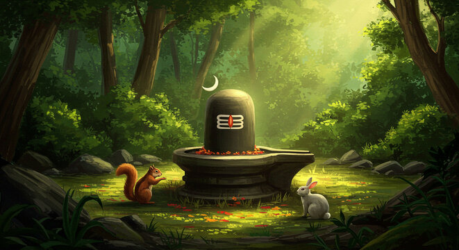 A shiva lingam in a forest clearing with a squirrel and rabbit in the foreground art