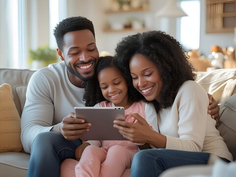 Happy african american family with young daughter enjoying a tablet together on the couch