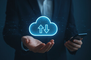 Cloud computing concept with digital cloud icon and data transfer arrows glowing