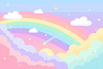 Pastel rainbow sky with fluffy clouds and stars (1)