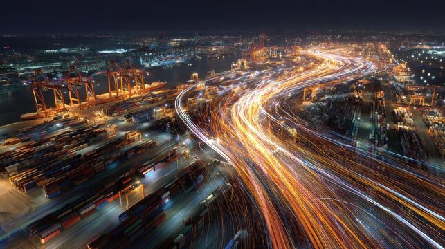 Aerial long exposure shows cargo port, traffic, and city lights at night for ads