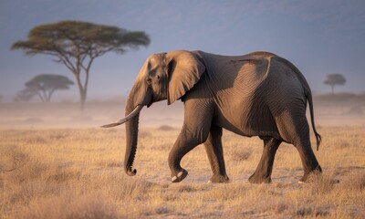 Fototapeta premium African elephant walks through dry, golden savanna with trees in a hazy background