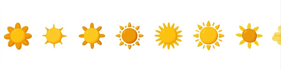 Fototapeta premium A horizontal row of cartoon suns of varying sizes and detail