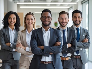 Diverse group of five smiling business professionals standing together in a modern office environment