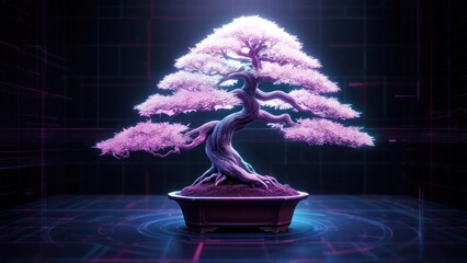 Vibrant Digital Bonsai Tree with Glowing Pink Foliage on Futuristic Grid