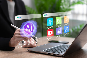 AI-Powered Marketing Development, Businesswomen Coding Artificial Intelligence Software to Enhance Digital Marketing Strategies, Data Analysis, Automation, and Customer Engagement for Business Growth