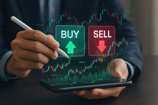 Stock market trading concept with buy and sell options on digital screen held by businessman