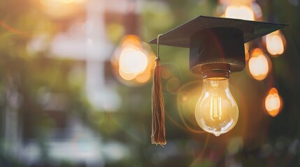 Light Bulb Graduation Cap: Graduates Wearing Mortarboards with Glowing Bulbs &ndash; Symbolizing Innovation, Creativity & Bright Futures in Ceremony Scenes with Gowns, Diplomas & Campus Backdrops