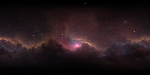360 degree space nebula. Giant interstellar cloud with stars, equirectangular projection, environment map. Spherical panorama. 3D rendering, Fractal image