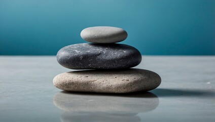 A vertical stack of smooth, polished, rounded gray pebbles. Meditation zen balance illustration concept. Stability relaxation spa stones in a balanced pyramid arrangement on a light blue background.